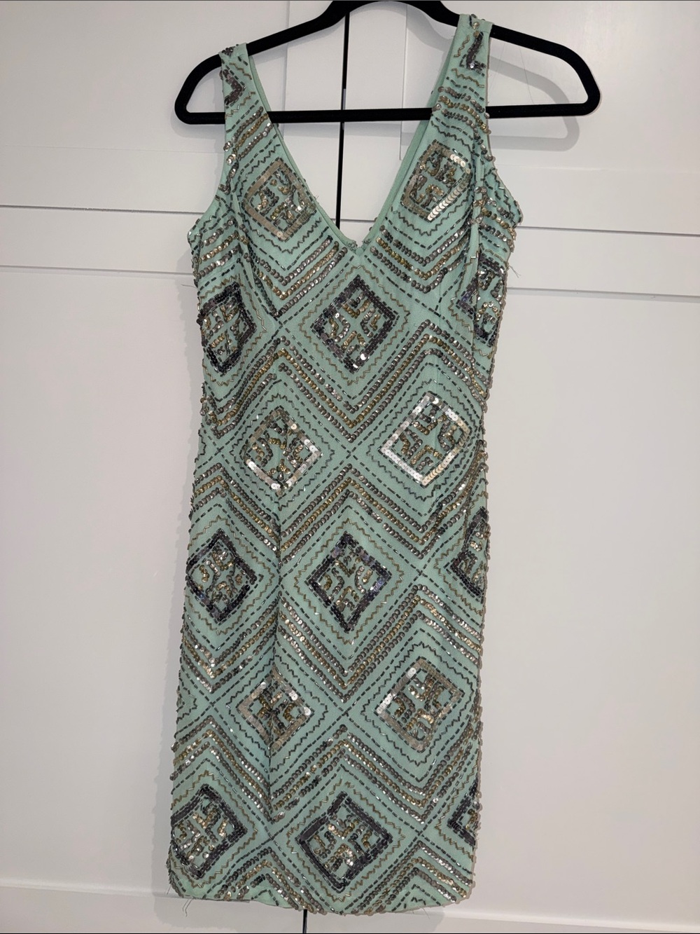 Aidan Mattox Mint Green Beaded V-Neck Midi Dress
